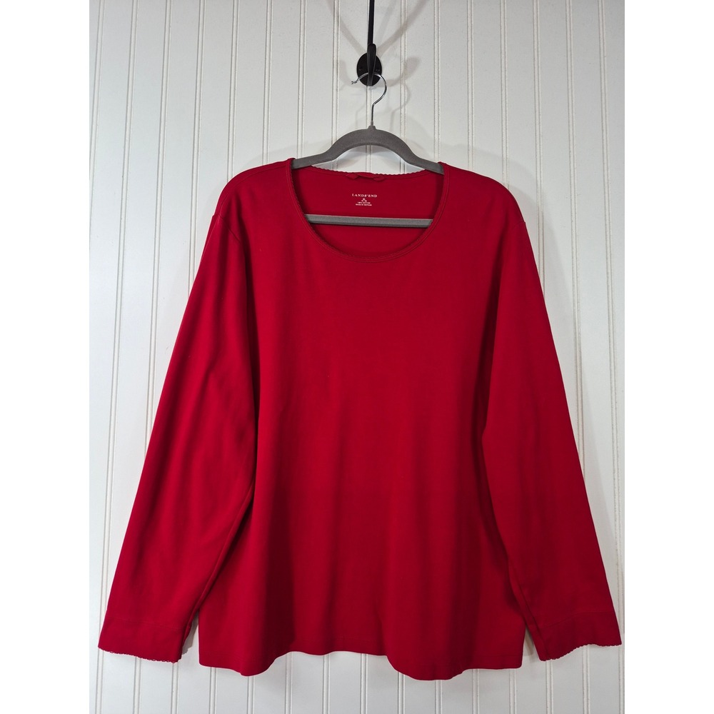 Lands End Womens XL Red Cotton Long Sleeve Picot Trim Crewneck T-Shirt Top